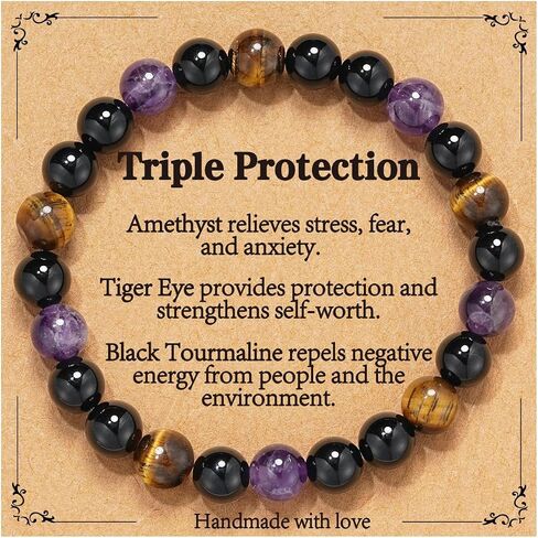 Gnamy Healing Crystal Bracelet for Women, Natural Stone Beaded Healing Crystal Bracelet Triple Protection Stress Relief Beads Jewelry Birthday Gifts Jewelry for Her in Saudi Arabia