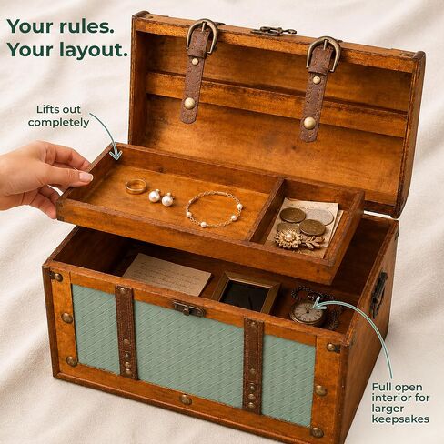 Wooden Treasure Chest Box with Removable Tray, Decorative Keepsake Storage Chest for Organizing Jewelry, Pirate Collectibles, Memorabilia, Trinkets & Vintage Home Décor Items (Large - 14x8x10 in) in Saudi Arabia