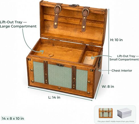 Wooden Treasure Chest Box with Removable Tray, Decorative Keepsake Storage Chest for Organizing Jewelry, Pirate Collectibles, Memorabilia, Trinkets & Vintage Home Décor Items (Large - 14x8x10 in) in Saudi Arabia