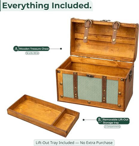 Wooden Treasure Chest Box with Removable Tray, Decorative Keepsake Storage Chest for Organizing Jewelry, Pirate Collectibles, Memorabilia, Trinkets & Vintage Home Décor Items (Large - 14x8x10 in) in Saudi Arabia