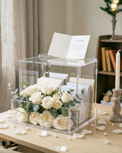 Wedding Card Box, Clear Acrylic Card Box for Wedding, Large Keepsake Holder with Flower Trough & Secure Lock, Party Decorations & Gift Money Collection for Graduation, Baby Shower, Birthday in Saudi Arabia