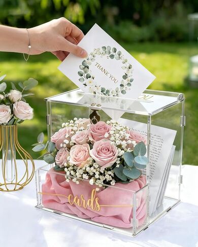 Wedding Card Box, Clear Acrylic Card Box for Wedding, Large Keepsake Holder with Flower Trough & Secure Lock, Party Decorations & Gift Money Collection for Graduation, Baby Shower, Birthday in Saudi Arabia
