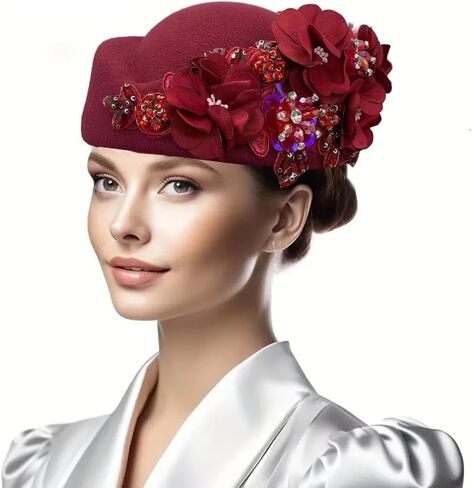 Womens Vintage Felt Church Fedora Hat Ladies Floral Derby Fascinator Wedding Tea Party Beret Cap Winter Pillbox Kentucky Hat in Kuwait