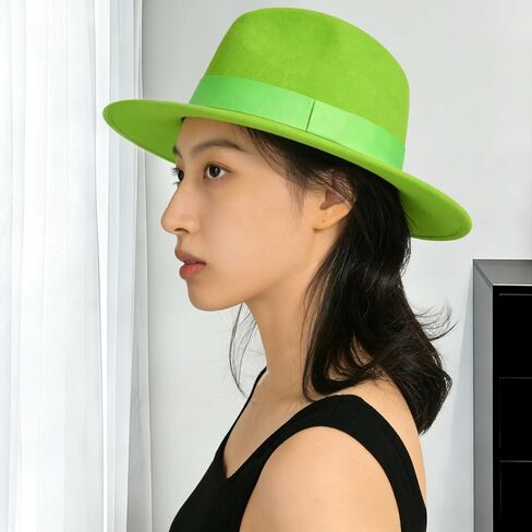 Men's Women's Wide Brim Fedora Hats with Ribbon Panama Felt Cap, British Style Vintage Flat Brimmed Jazz Hat in Kuwait