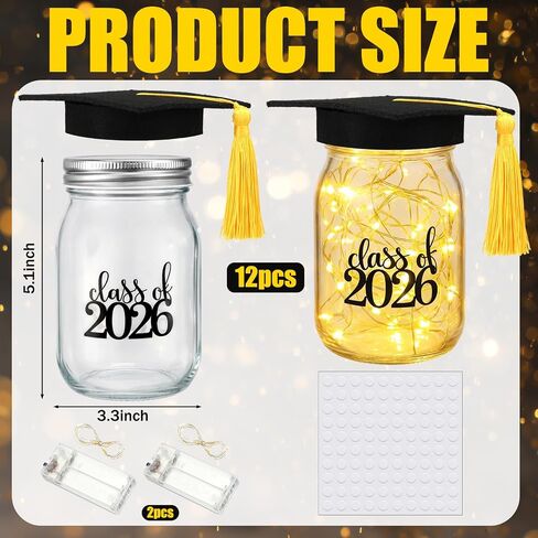 Yungyan 12 مجموعة 2026 قطع مركزية للتخرج للطاولات مع أضواء LED، فئة 2026 Mason Jar التخرج للطاولات مع غطاء التخرج للكلية الثانوية والمدرسة المتوسطة هدايا حفلات التخرج in Kuwait