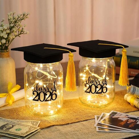 Yungyan 12 مجموعة 2026 قطع مركزية للتخرج للطاولات مع أضواء LED، فئة 2026 Mason Jar التخرج للطاولات مع غطاء التخرج للكلية الثانوية والمدرسة المتوسطة هدايا حفلات التخرج in Kuwait