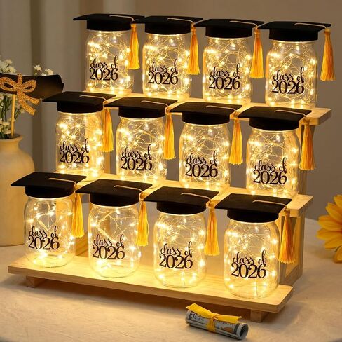 Yungyan 12 مجموعة 2026 قطع مركزية للتخرج للطاولات مع أضواء LED، فئة 2026 Mason Jar التخرج للطاولات مع غطاء التخرج للكلية الثانوية والمدرسة المتوسطة هدايا حفلات التخرج in Kuwait