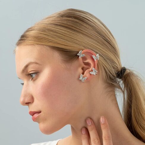 2PCS Butterfly Ear Cuffs Climber Wrap Around Earrings for Women Fairy No Piercing Ear Clip Gold Silver Jewelry Gift in Kuwait