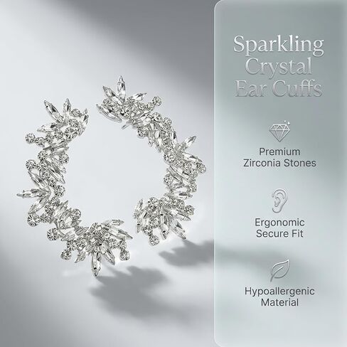 Silver Rhinestone Ear Cuffs for Women Non Piercing, Sparkly Crystal Ear Wrap Crawler Clip On Earrings, Fake Piercing Jewelry for Wedding Prom Party (Silver, 1 Pair) in Kuwait