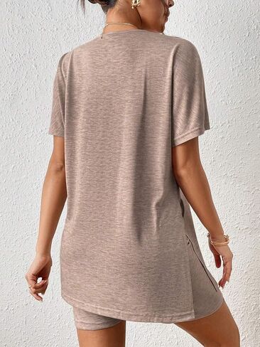 Women's Summer Casual Solid Color Batwing Sleeve Side Slit Outfit Sport T-Shirt And Shorts Sets in Kuwait
