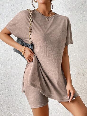 Women's Summer Casual Solid Color Batwing Sleeve Side Slit Outfit Sport T-Shirt And Shorts Sets in Kuwait