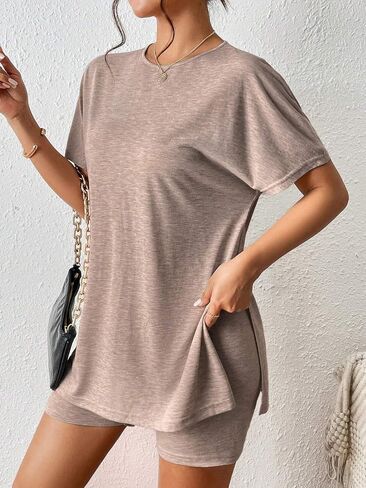 Women's Summer Casual Solid Color Batwing Sleeve Side Slit Outfit Sport T-Shirt And Shorts Sets in Kuwait