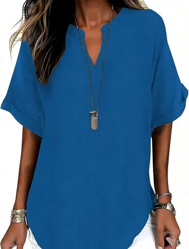 Womens Plain Short Sleeve Blouse Casual Solid Color Top for Daily Wear Ladies Clothes Lightweight Breathable Loose in Saudi Arabia