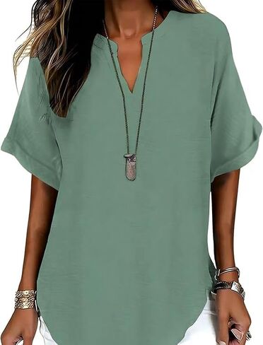 Womens Plain Short Sleeve Blouse Casual Solid Color Top for Daily Wear Ladies Clothes Lightweight Breathable Loose in Kuwait