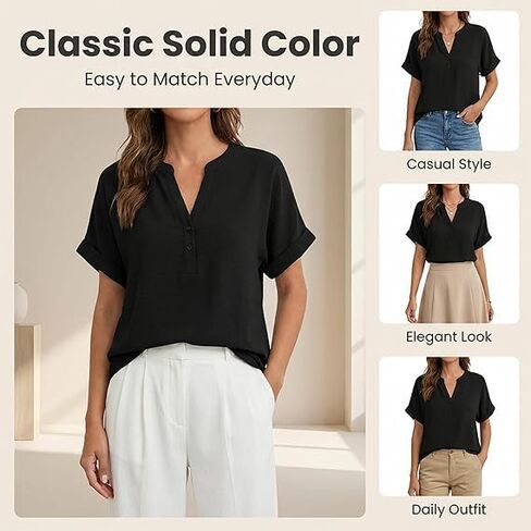 Womens Plain Short Sleeve Blouse Casual Solid Color Top for Daily Wear Ladies Clothes Lightweight Breathable Loose in Kuwait