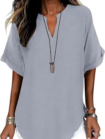 Womens Plain Short Sleeve Blouse Casual Solid Color Top for Daily Wear Ladies Clothes Lightweight Breathable Loose in Kuwait