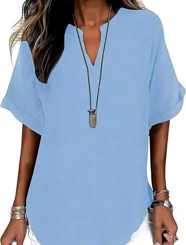Womens Plain Short Sleeve Blouse Casual Solid Color Top for Daily Wear Ladies Clothes Lightweight Breathable Loose in Kuwait