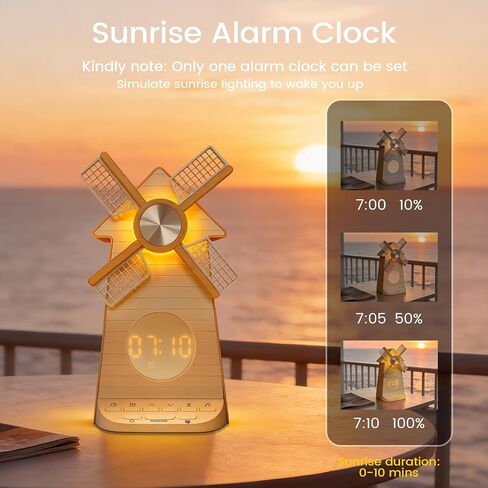 Sunrise Alarm Clock with Rotating Windmill, Easy Snooze Wake Up Light, 10 Natural Sounds & 10 White Noises, 4-Level Dimmer Bedside Night Light with 30/60/90 Min Timers, Sleep Aid Gift for Adults/Kids in Saudi Arabia