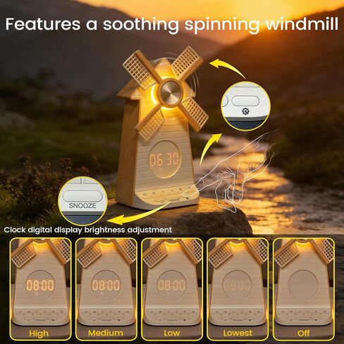Sunrise Alarm Clock with Rotating Windmill, Easy Snooze Wake Up Light, 10 Natural Sounds & 10 White Noises, 4-Level Dimmer Bedside Night Light with 30/60/90 Min Timers, Sleep Aid Gift for Adults/Kids in Saudi Arabia