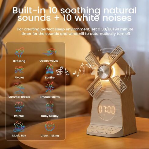 Sunrise Alarm Clock with Rotating Windmill, Easy Snooze Wake Up Light, 10 Natural Sounds & 10 White Noises, 4-Level Dimmer Bedside Night Light with 30/60/90 Min Timers, Sleep Aid Gift for Adults/Kids in Saudi Arabia