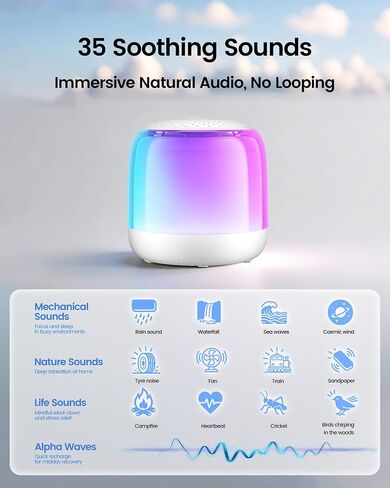 Glocusent Nano-Glow Portable Sound Machine, 35 Soothing Sounds & Night Light for Kids Adults, White Noise Sound Machine with Bluetooth, Timer, Memory, Ideal Travel Companion & Nursery Must-Have in Kuwait