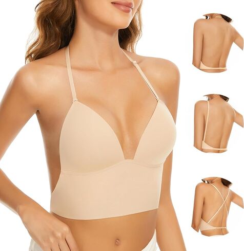 Low Back Bras for Women-Seamless Invisiable Backless Bras-Wireless Triangle Bralette Low Cut Open Back Multiway Halter Bra(Nude, 36C) in Saudi Arabia