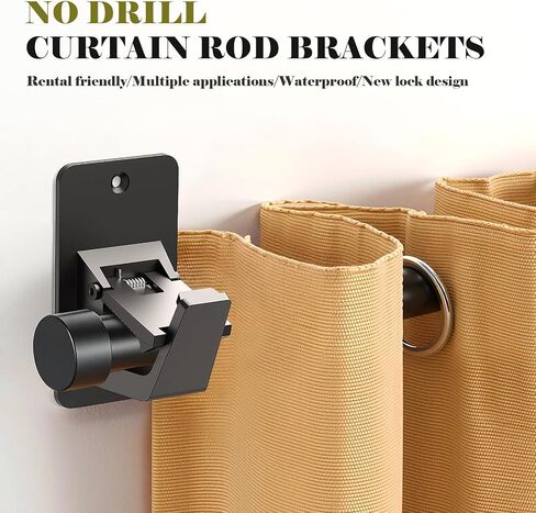 No Drill Curtain Rod Brackets, Universal Curtain Rod Holder, 2 Pack Self Adhesive Curtain Rod Bracket Heavy Duty 30 LB, Nail Free Curtain Rod Bracket for Bathroom, Bedroom, Livingroom, Kitchen, Black in Saudi Arabia
