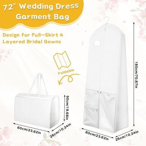 72" Wedding Dress Garment Bag with 10'' Gusset, Bridal Travel Garment Bag for Gowns, Foldable Dress Cover with 3 Pockets, Name Tag & 6 Clear Jewelry Pouches in Saudi Arabia