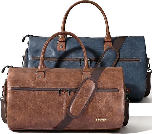 STOVER Garment Travel Duffle Bag, Large 2-in-1 Convertible Carry-on Luggage for Men & Women- Hanging Suits, Dresses & Clothes + Shoe Compartment- Weekender Tote Combo Duffel (Brown & Blue Leatherette) in Saudi Arabia