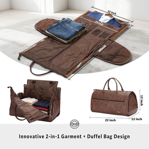 STOVER Garment Travel Duffle Bag, Large 2-in-1 Convertible Carry-on Luggage for Men & Women- Hanging Suits, Dresses & Clothes + Shoe Compartment- Weekender Tote Combo Duffel (Brown & Blue Leatherette) in Saudi Arabia
