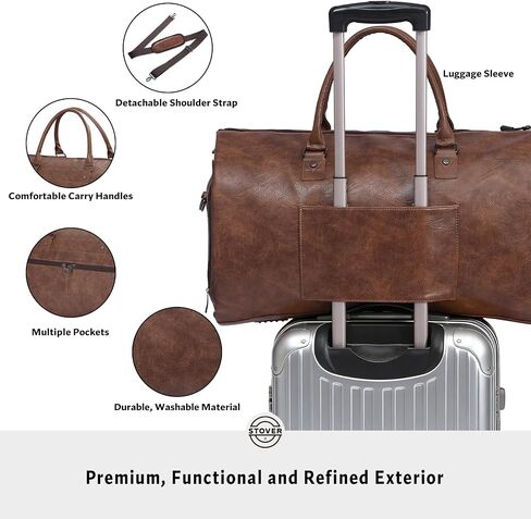 STOVER Garment Travel Duffle Bag, Large 2-in-1 Convertible Carry-on Luggage for Men & Women- Hanging Suits, Dresses & Clothes + Shoe Compartment- Weekender Tote Combo Duffel (Brown & Blue Leatherette) in Saudi Arabia