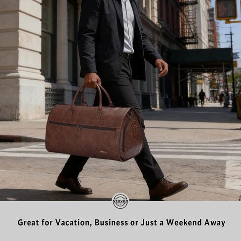 STOVER Garment Travel Duffle Bag, Large 2-in-1 Convertible Carry-on Luggage for Men & Women- Hanging Suits, Dresses & Clothes + Shoe Compartment- Weekender Tote Combo Duffel (Brown & Blue Leatherette) in Saudi Arabia