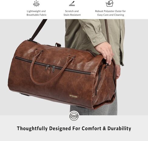 STOVER Garment Travel Duffle Bag, Large 2-in-1 Convertible Carry-on Luggage for Men & Women- Hanging Suits, Dresses & Clothes + Shoe Compartment- Weekender Tote Combo Duffel (Brown & Blue Leatherette) in Saudi Arabia