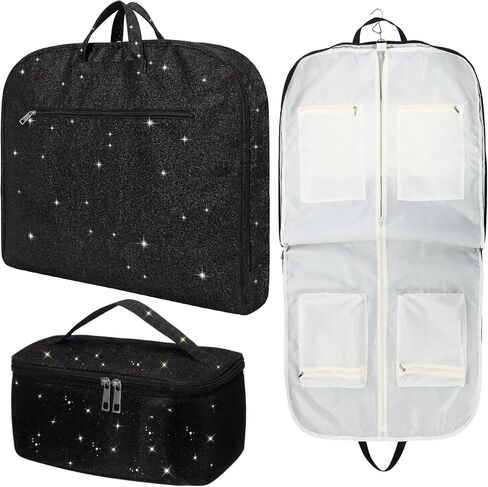 2 Pcs Glitter Cheer Uniform Garment Set Hanging Dance Bag with 4 Pockets Makeup Bag, Cheerleading Competition Makeup Organizer for Girls Women Graduation Performances Travel in Kuwait
