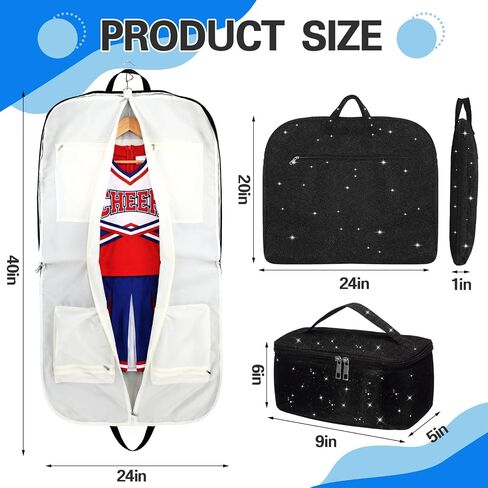 2 Pcs Glitter Cheer Uniform Garment Set Hanging Dance Bag with 4 Pockets Makeup Bag, Cheerleading Competition Makeup Organizer for Girls Women Graduation Performances Travel in Kuwait
