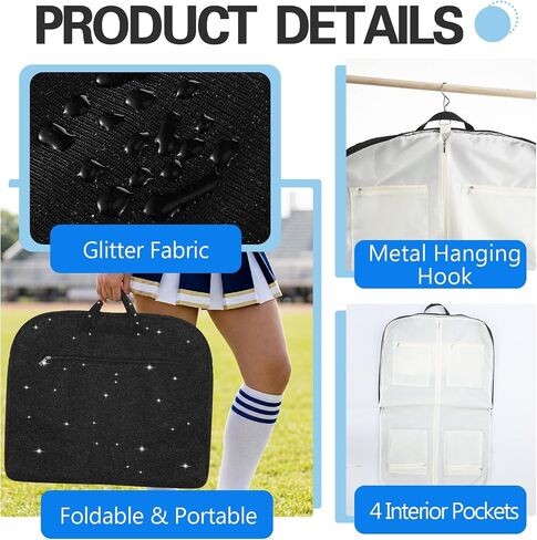 2 Pcs Glitter Cheer Uniform Garment Set Hanging Dance Bag with 4 Pockets Makeup Bag, Cheerleading Competition Makeup Organizer for Girls Women Graduation Performances Travel in Kuwait