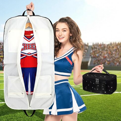 2 Pcs Glitter Cheer Uniform Garment Set Hanging Dance Bag with 4 Pockets Makeup Bag, Cheerleading Competition Makeup Organizer for Girls Women Graduation Performances Travel in Kuwait