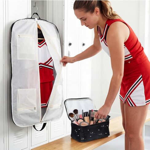 2 Pcs Glitter Cheer Uniform Garment Set Hanging Dance Bag with 4 Pockets Makeup Bag, Cheerleading Competition Makeup Organizer for Girls Women Graduation Performances Travel in Kuwait