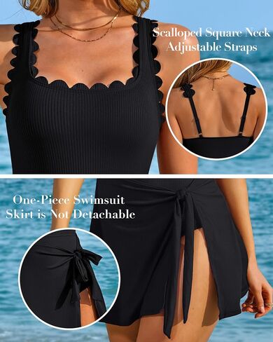 Charmo One Piece Swim Dress Scalloped Square Neck Modest Swimsuits for Women Tummy Control Bathing Suit with Skirt in Kuwait