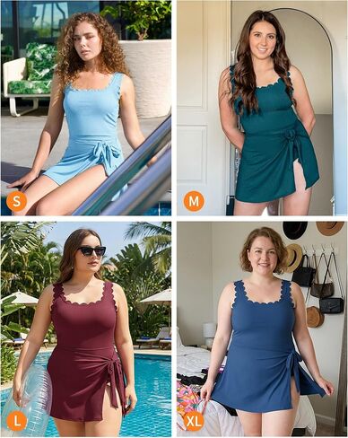 Charmo One Piece Swim Dress Scalloped Square Neck Modest Swimsuits for Women Tummy Control Bathing Suit with Skirt in Kuwait