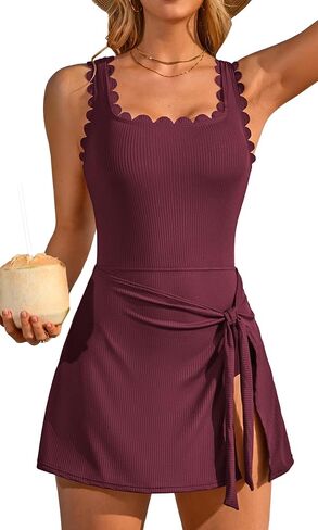 Charmo One Piece Swim Dress Scalloped Square Neck Modest Swimsuits for Women Tummy Control Bathing Suit with Skirt in Kuwait