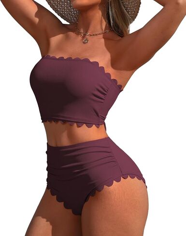 Charmo Strapless High Waisted Bikini Sets for Women Tummy Control Scallop Ribbed Bandeau Swimsuit Lace up Bathing Suits in Kuwait