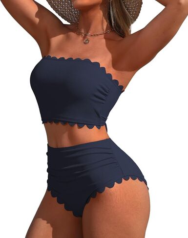 Charmo Strapless High Waisted Bikini Sets for Women Tummy Control Scallop Ribbed Bandeau Swimsuit Lace up Bathing Suits in Saudi Arabia