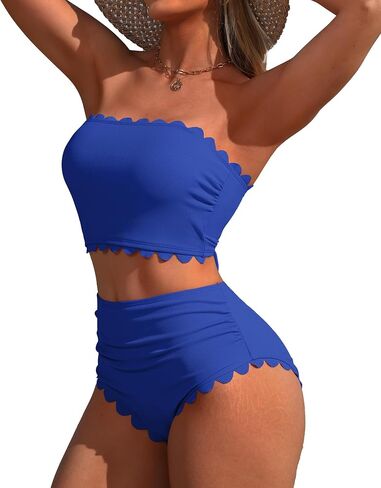 Charmo Strapless High Waisted Bikini Sets for Women Tummy Control Scallop Ribbed Bandeau Swimsuit Lace up Bathing Suits in Saudi Arabia