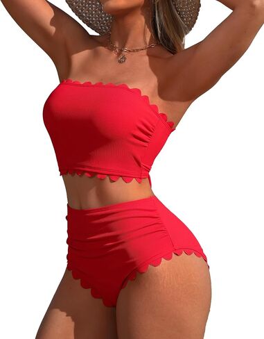 Charmo Strapless High Waisted Bikini Sets for Women Tummy Control Scallop Ribbed Bandeau Swimsuit Lace up Bathing Suits in Saudi Arabia
