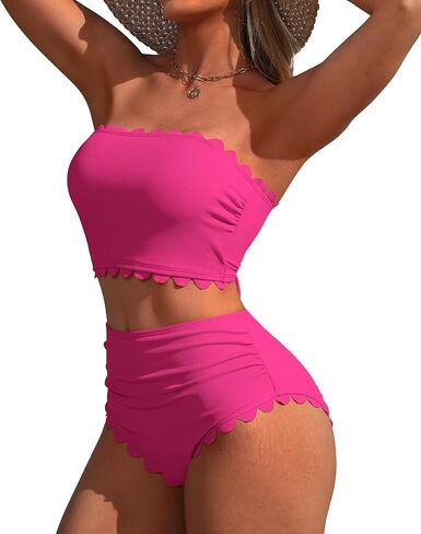 Charmo Strapless High Waisted Bikini Sets for Women Tummy Control Scallop Ribbed Bandeau Swimsuit Lace up Bathing Suits in Saudi Arabia