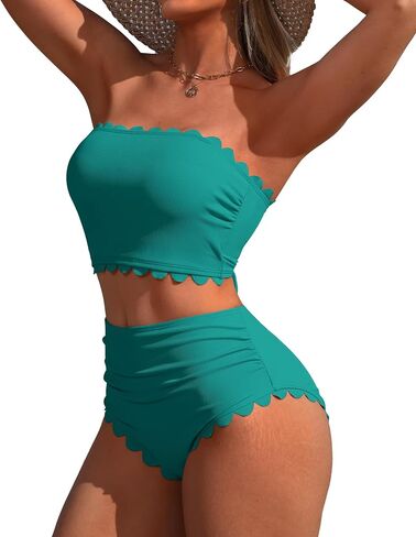 Charmo Strapless High Waisted Bikini Sets for Women Tummy Control Scallop Ribbed Bandeau Swimsuit Lace up Bathing Suits in Saudi Arabia