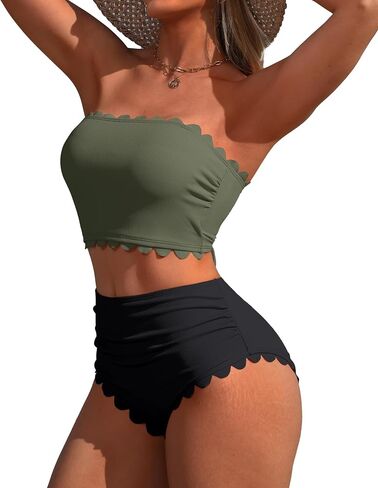 Charmo Strapless High Waisted Bikini Sets for Women Tummy Control Scallop Ribbed Bandeau Swimsuit Lace up Bathing Suits in Saudi Arabia