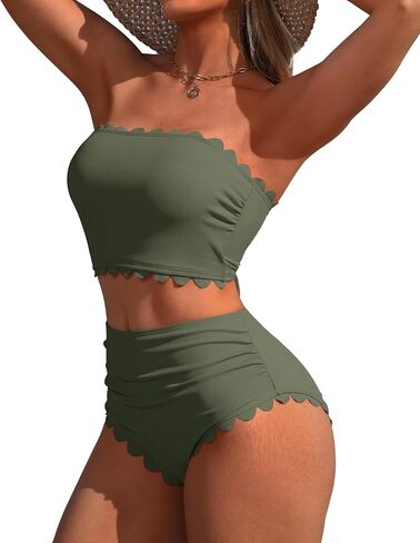 Charmo Strapless High Waisted Bikini Sets for Women Tummy Control Scallop Ribbed Bandeau Swimsuit Lace up Bathing Suits in Saudi Arabia