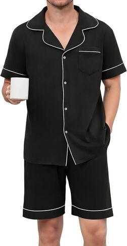 Men's Short Sleeve Pajama Set Classic Button Down Pajamas Cotton Short Sleepwear Elegant Lounge Summer Mens Pjs Sets in Saudi Arabia